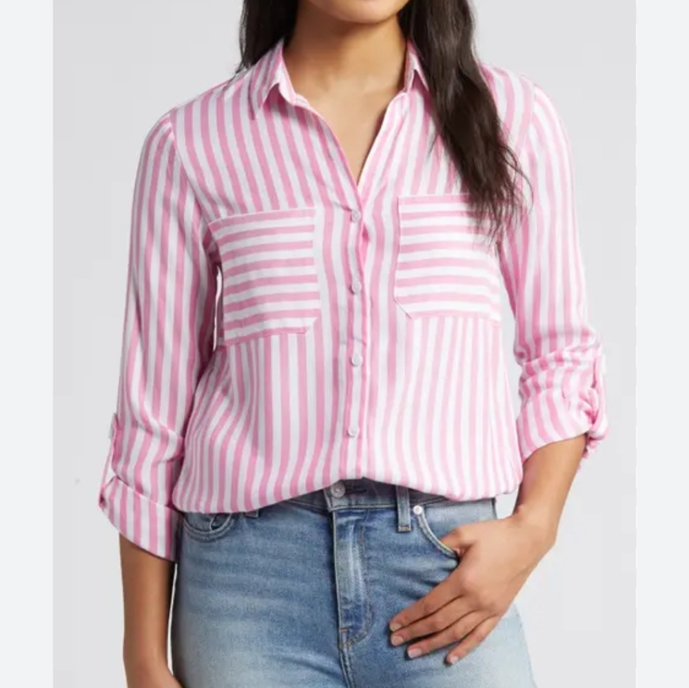 Beach lunch lounge Collection Kaia Stripe Women's SP Roll Tab Button Up Shirt